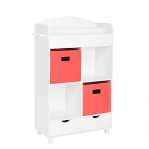 Kids White Cubby Storage Cabinet with Bookrack with 2-Piece Coral Bins