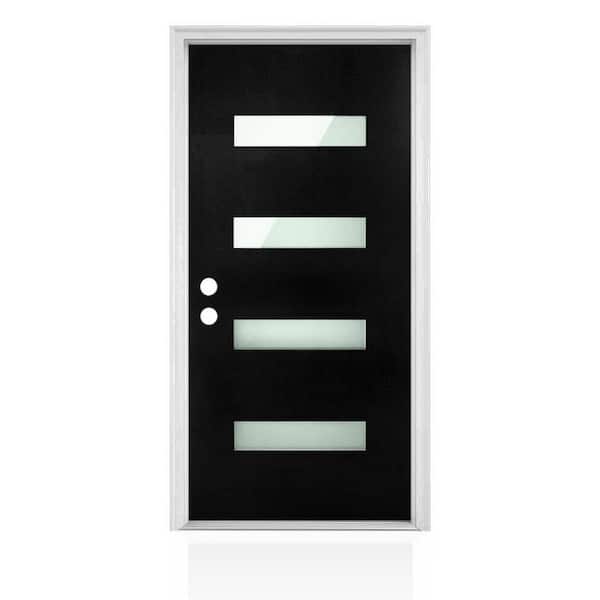 36 in. x 80 in. Right-Hand 4 Lite Frosted Glass Black Modern Prehung Exterior Fiberglass Front Door with Brickmould