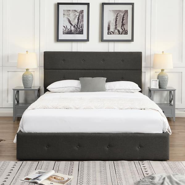 Polibi Gray Wood Frame Queen Size Upholstered Platform Bed with Underneath Storage