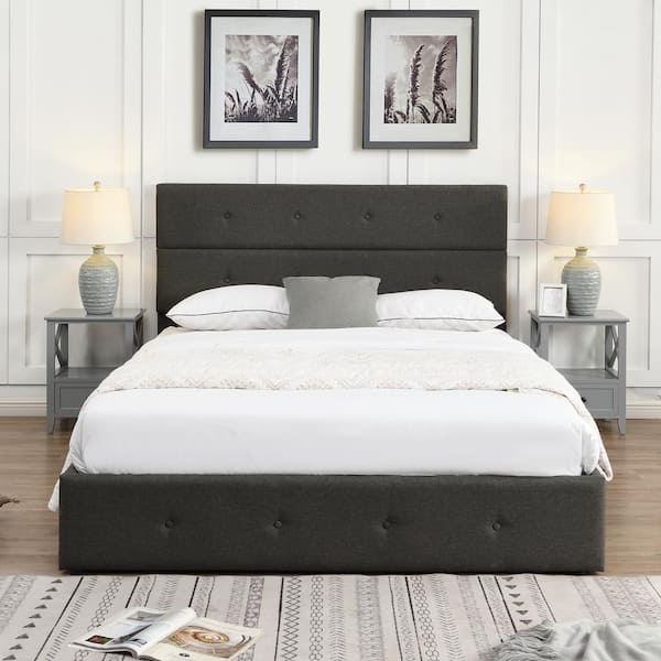 Polibi Gray Wood Frame Queen Size Upholstered Platform Bed with Underneath Storage