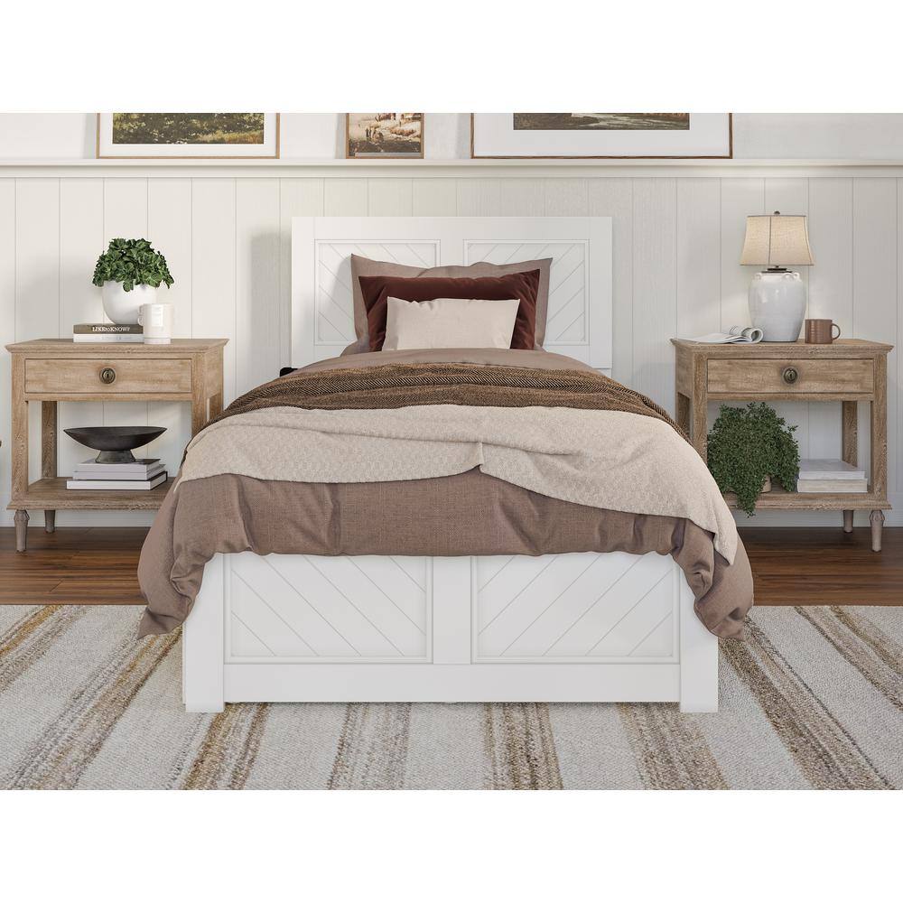 White Twin XL Wood Platform Bed with Trundle and Headboard