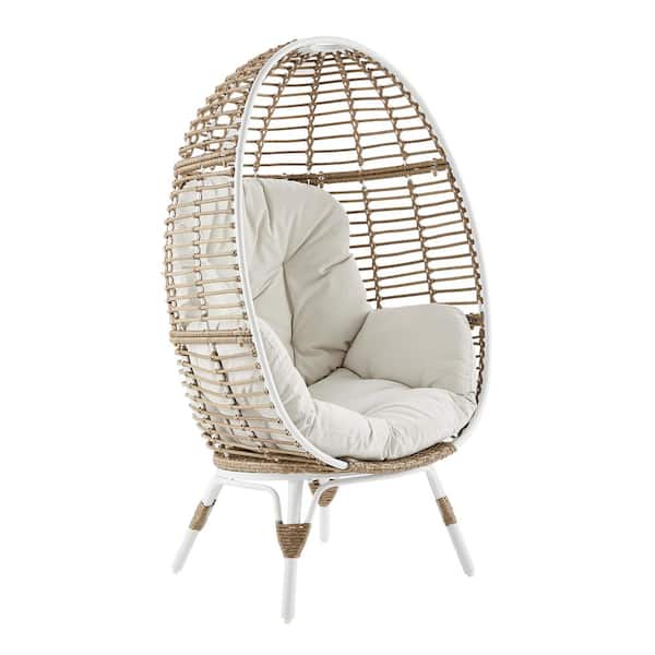 ULAX FURNITURE Wicker Outdoor Egg Lounge Chair with Beige Cushion