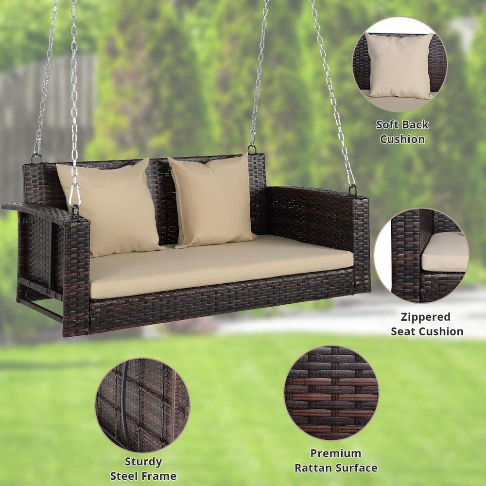 Brown Wicker Steel Porch Swing with Beige Cushions