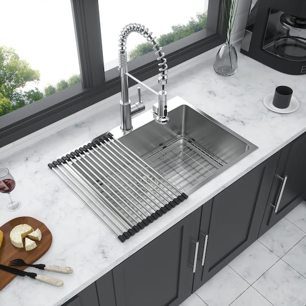 Unbranded 30 in. Drop-In Single Bowl 16 Gauge Brushed Nickel Stainless Steel Kitchen Sink with Bottom Grids