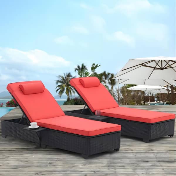 Clihome Wicker Outdoor Patio Chaise Lounge Chair with Reclining Adjustable Backrest and Red Removable Cushions Sets of 2