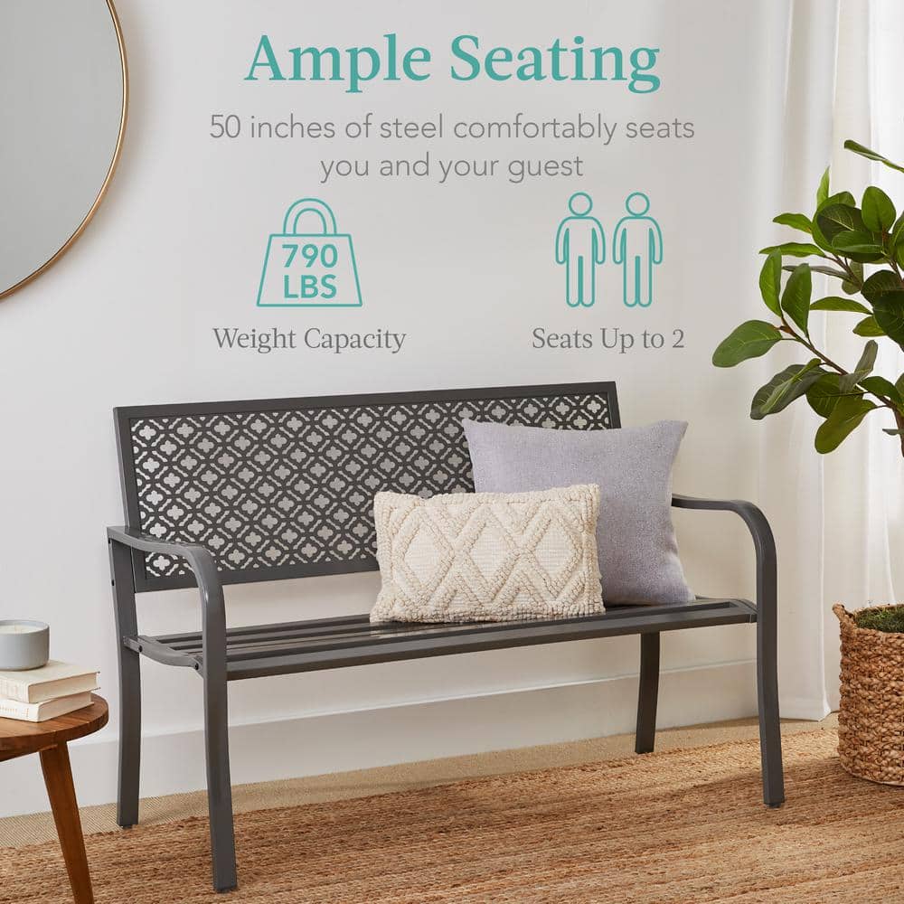 Gray Steel 2-Person Outdoor Garden Bench with Geometric Backrest