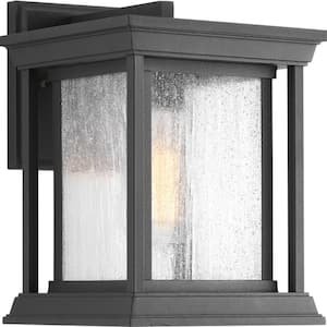 Endicott Collection 1-Light Textured Black Clear Seeded Glass Craftsman Outdoor Small Wall Lantern Light