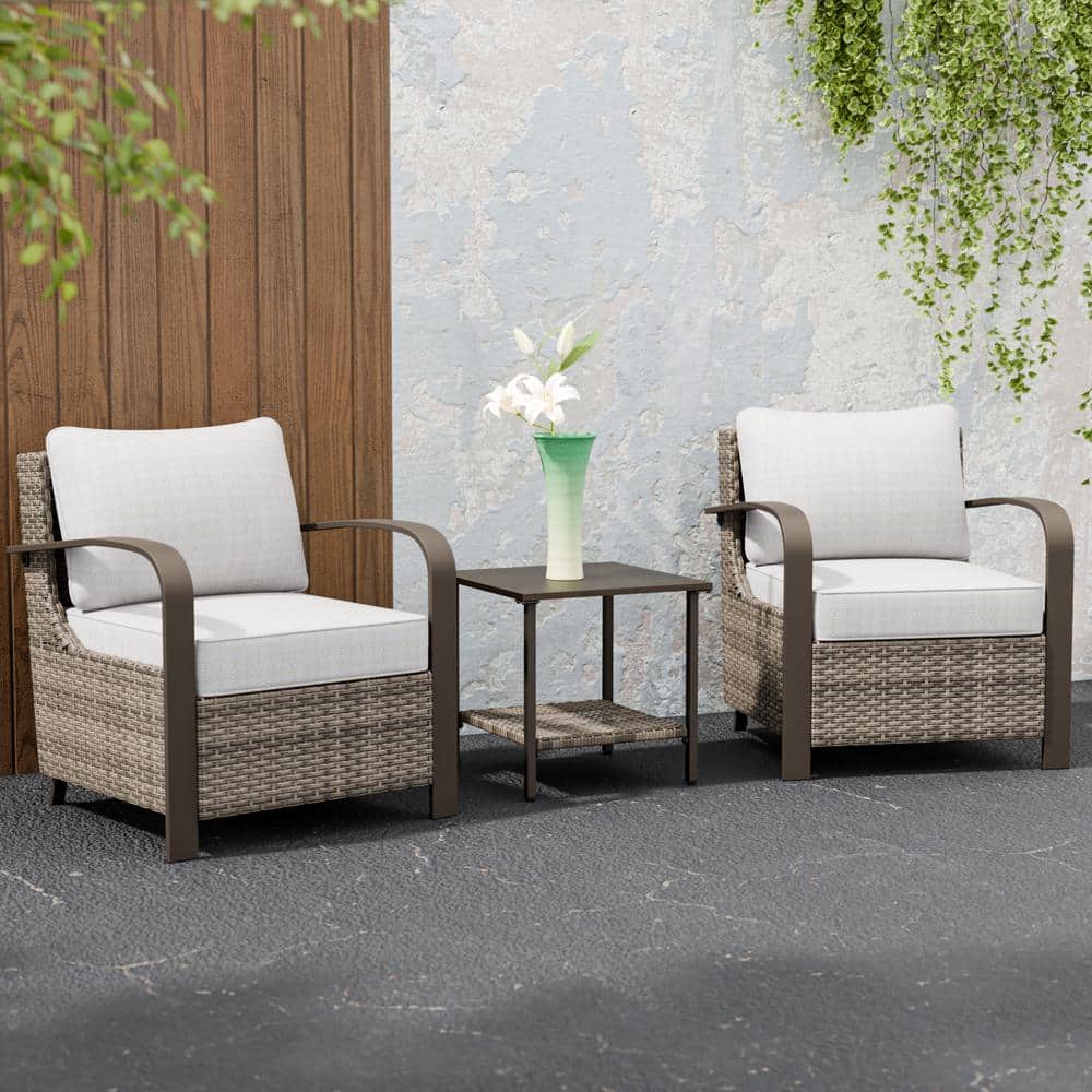 Beige Wicker Rattan 3-Piece Outdoor Chair Set with Side Table