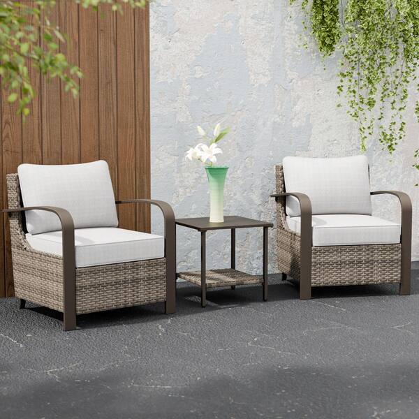 EAGLE PEAK 3-Piece Wicker Patio Outdoor Lounge Chair Set with Beige Cushions and Side Table