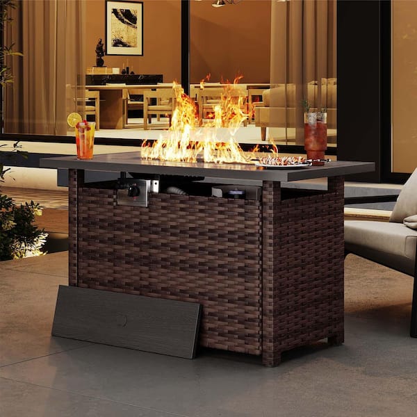 Brown 44 in. 50,000 BTU Wicker Rectangular Outdoor Fire Pit Table with Removable Lid , Lava Rock