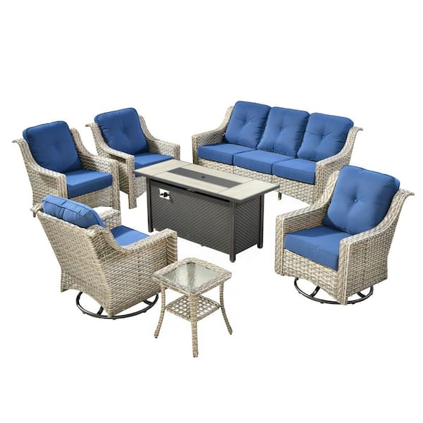 Eureka 7-Piece Wicker Patio Conversation Sofa Swivel Chair Set with Metal Fire Pit Table and Navy Blue Cushions