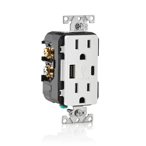 Leviton 15 Amp Decora Type A and C USB Charger Tamper-Resistant Outlet, White Leviton 15 Amp Decora Type A and C USB Charger Tamper-Resistant Outlet, White
