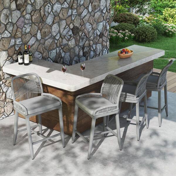 Aluminum Outdoor Bar Stool with Gray Cushion (4-Pack)