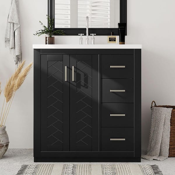 Staykiwi 30 in. W x 18 in. D x 34 in. H Single Sink Freestanding Bath Vanity in Black with White Ceramic Top