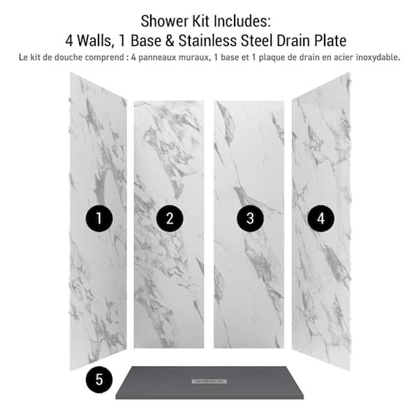 Carrara 34 in. x 48 in. x 84 in. Solid Composite Stone Alcove Shower Kit with Walls and Graphite Pan Base Center Drain