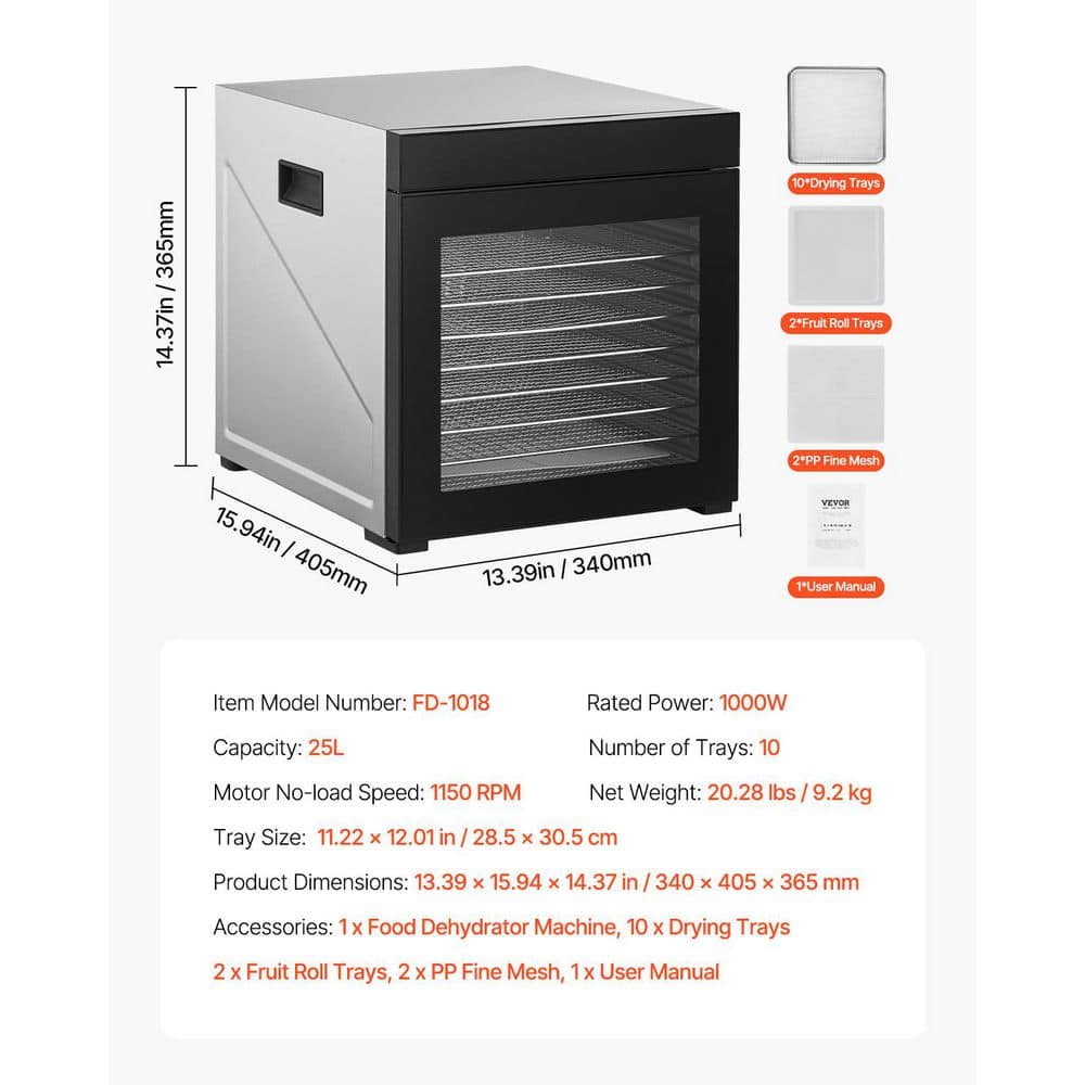 Stainless Steel 10-Tray Food Dehydrator with Adjustable Thermostat
