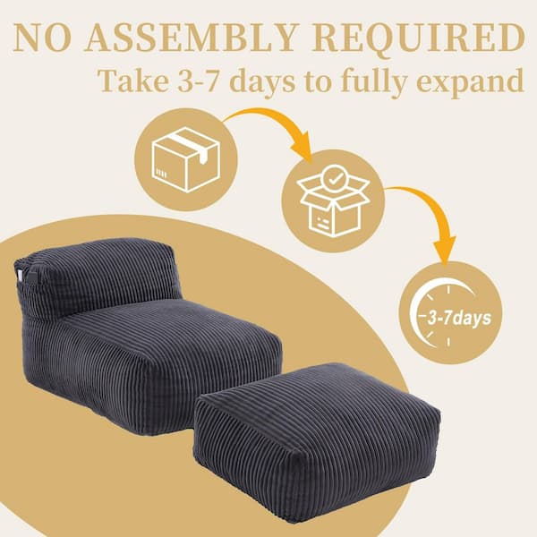 Dark Gray Big Lounger Bean Bag Chair for Adults Memory Foam Filled Corduroy Sofa with Ottoman Lazy Couch for Living Room