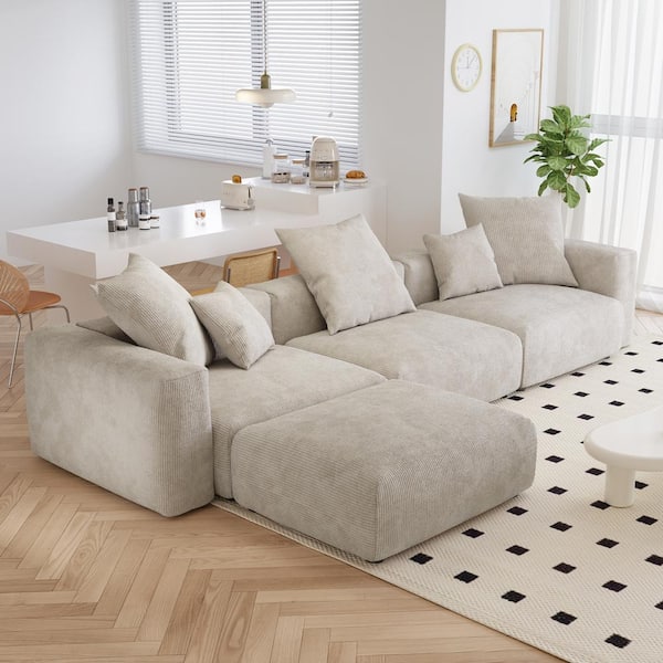 141.73 in. W Square Arm Corduroy Velvet L-Shaped Free Combination Sofa with Ottoman in. Beige