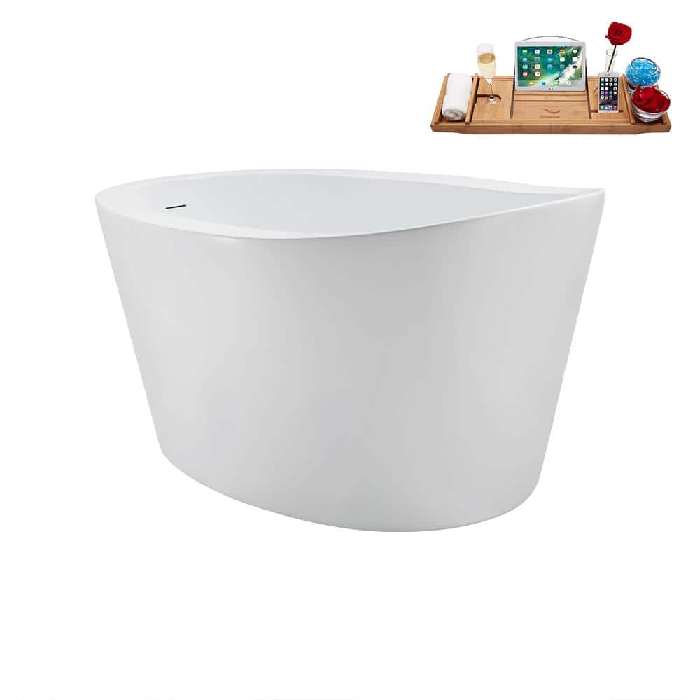 Glossy White Acrylic Freestanding Soaking Bathtub with Brushed Gold Drain