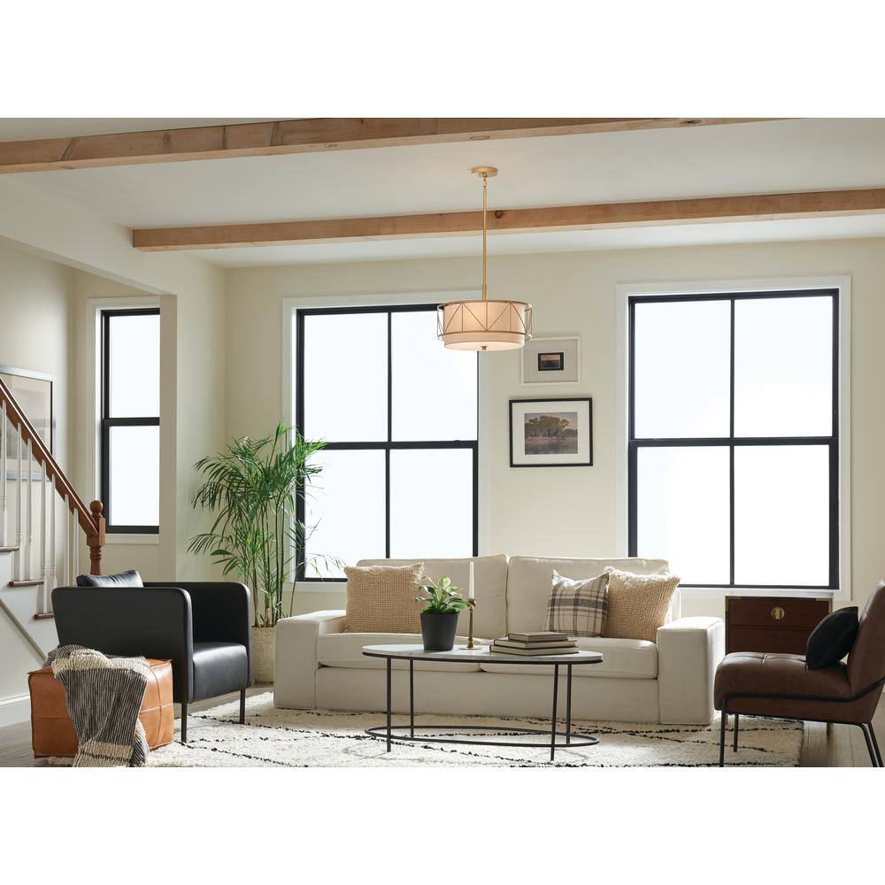 Classic Gold 3-Light Drum Pendant with White Fabric Shade
