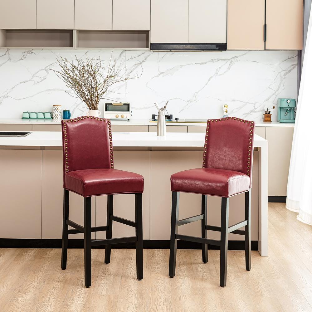 Elegant Red Leatherette Adjustable Barstool Set with Studded Detail