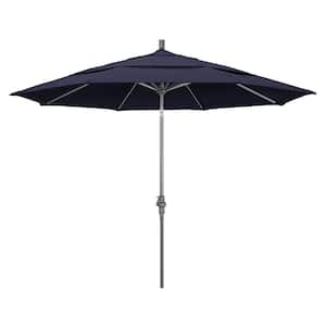 11 ft. Hammertone Grey Aluminum Market Patio Umbrella with Crank Lift in Navy Blue Olefin