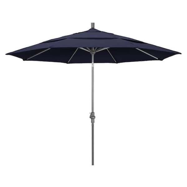 California Umbrella 11 ft. Hammertone Grey Aluminum Market Patio Umbrella with Crank Lift in Navy Blue Olefin