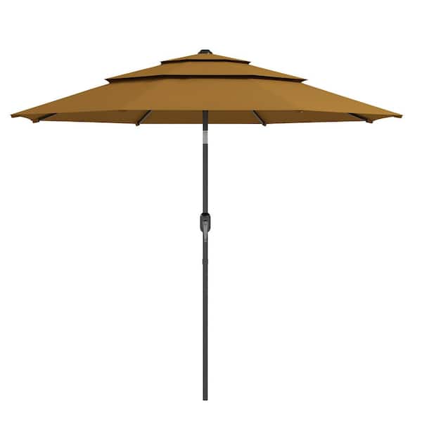 Tenleaf 9 ft. Steel 3 Tiers Outdoor Market Umbrella in Tan with Crank, Push Button Tilt