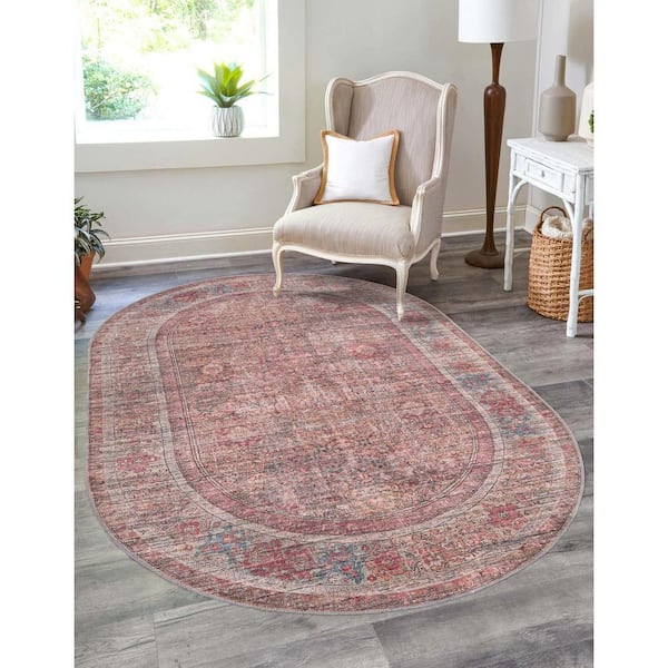 Nostalgia Euphoria Rust Red and Brown 5 ft. x 8 ft. Oval Machine Washable Area Rug