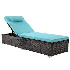 Brown Wicker Outdoor Chaise Chair with Blue Adjustable Backrest and Removable Cushions(2-Pack)