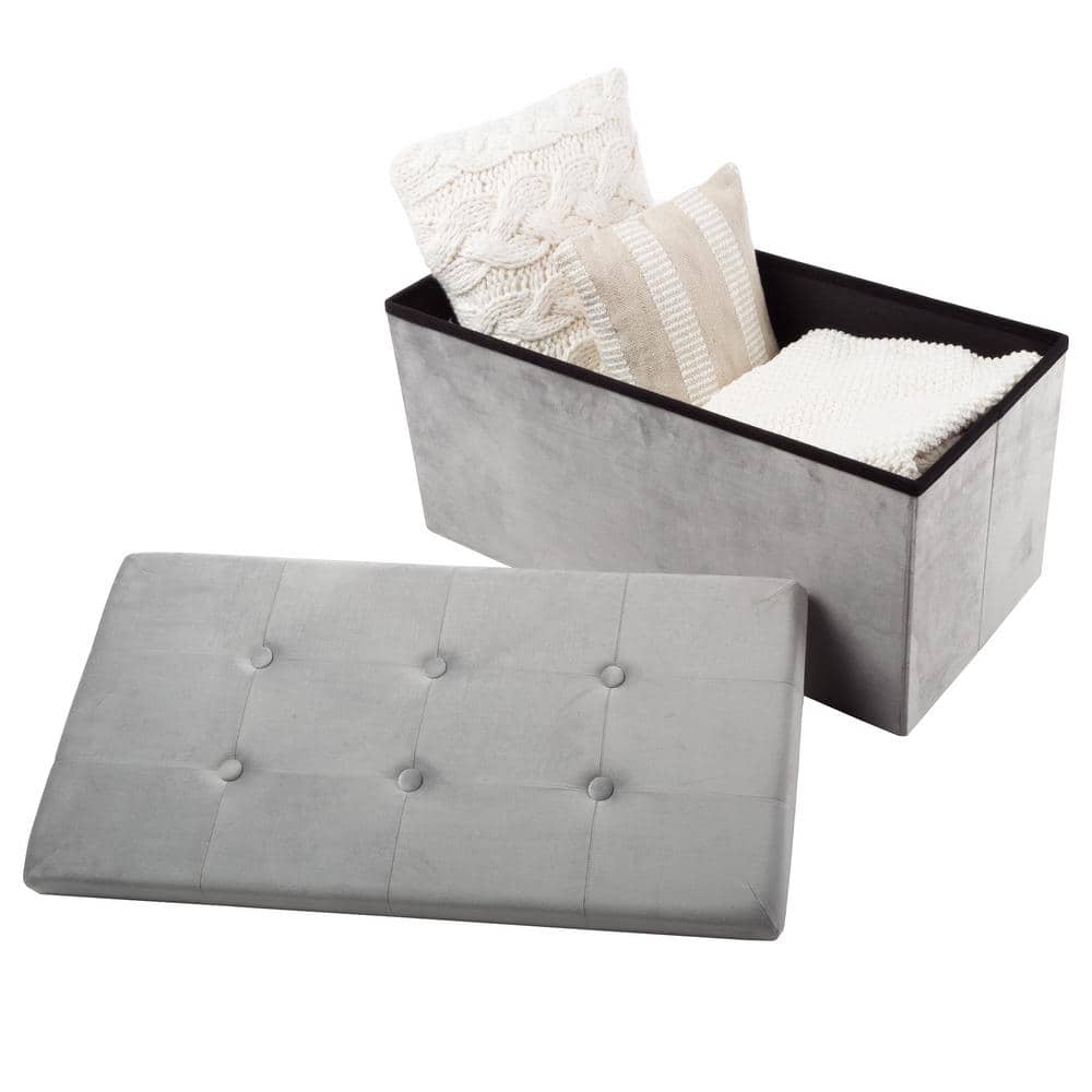 Gray Velvet Tufted Storage Ottoman Bench