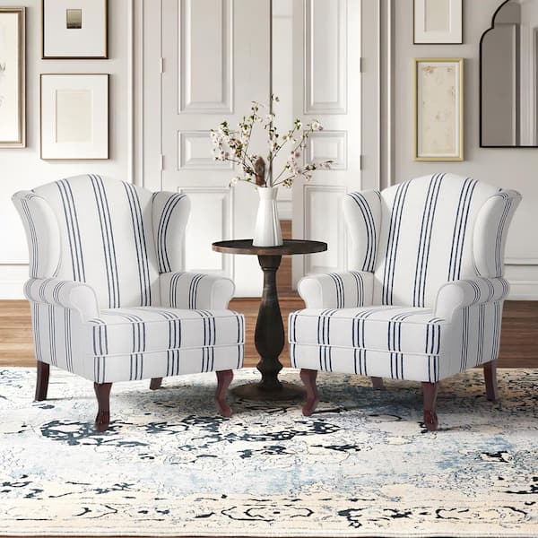 COMPACT LO CHAIR 02 basque “gray stripe” Uixe Stripe Navy Linen Wood Legs Upholstered Accent Arm Chair with