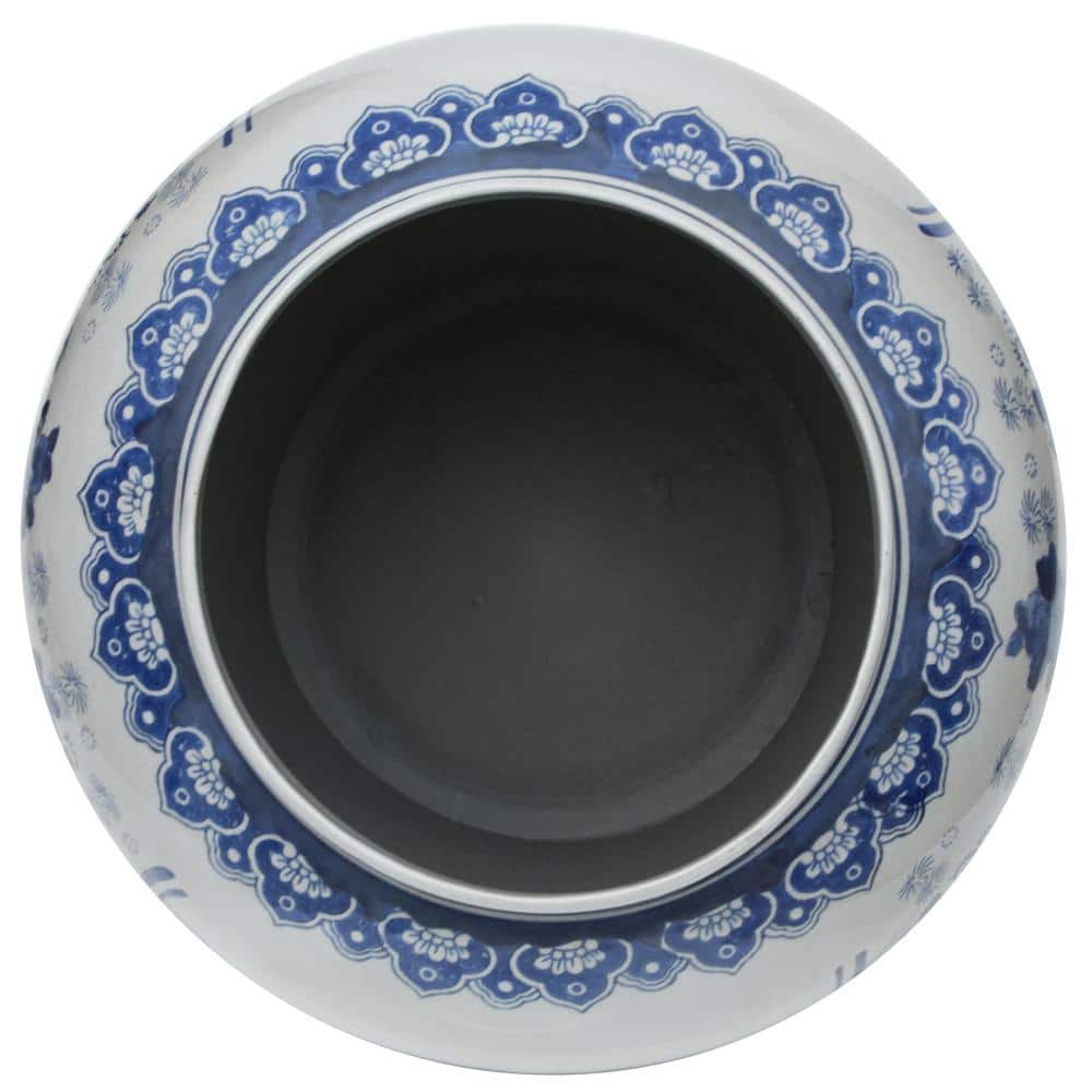 32" Blue and White Porcelain Temple Jar with Floral Design
