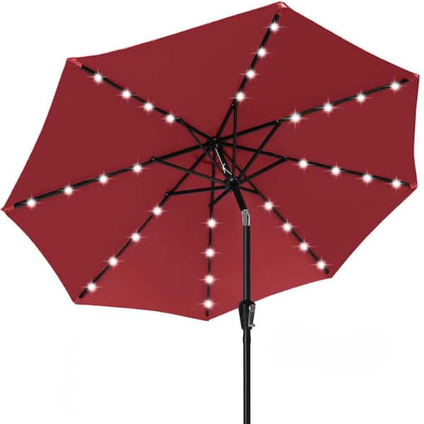 Unbranded 9 ft. Aluminum Pole Market Solar Push Button Tilt Patio Umbrella in Burgundy