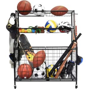 Sports Equipment Storage Cart With 2 Storage Bin and 4 Wire Mesh Basket