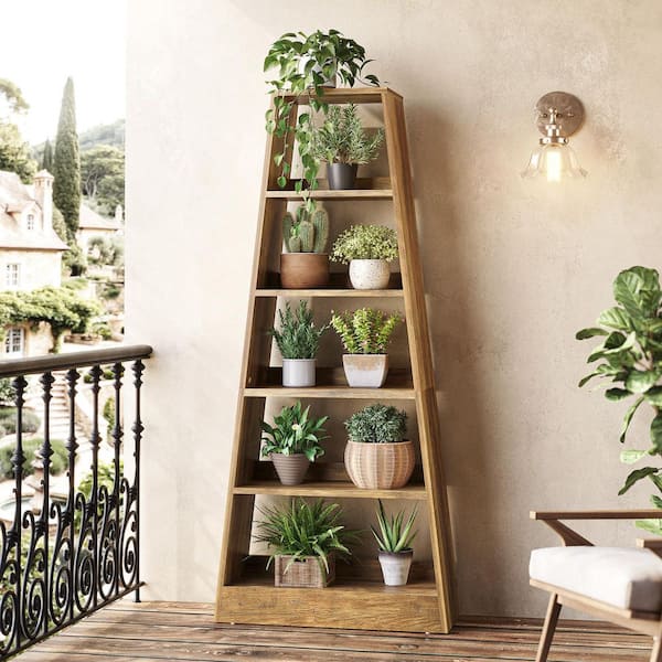 Eulas 70.9 in. Tall Umber Wood 6-Shelf Etagere Bookcase with Ladder Shaped, Open Bookshelf