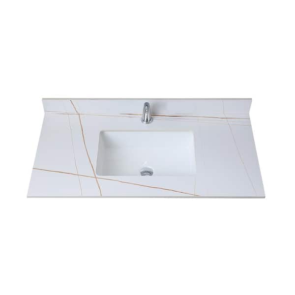 Unbranded 43 in. W x 22 in. D Engineered Stone Composite White Rectangular Single Sink Bathroom Vanity Top in White Ceramic Sink