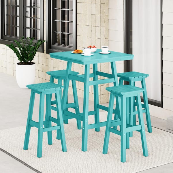 Laguna 5-Piece Fade Resistant HDPE Plastic Outdoor Patio Square Bar Height Pub Set, Matching Barstools in Turquoise