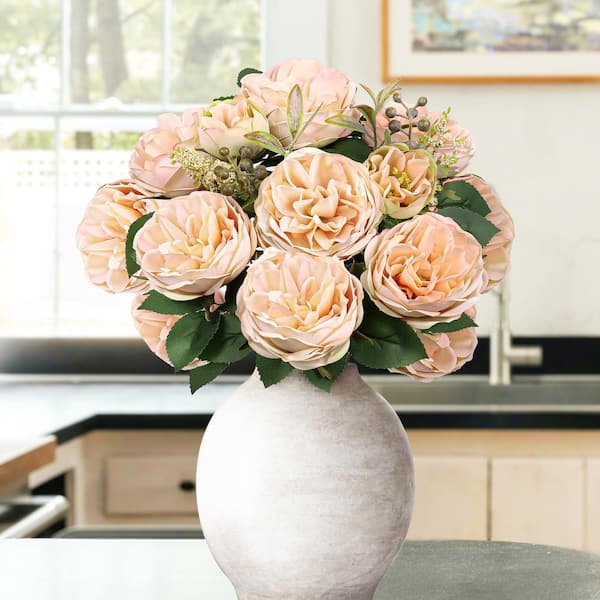 LIVING LUXURY 18 in. Ivory Blush Artificial Cabbage Rose Flower
