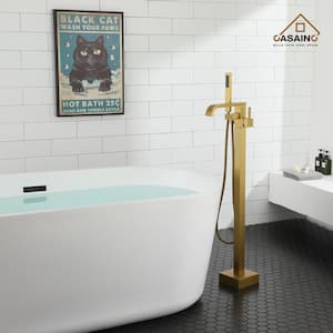 Brushed Brass Single-Handle Floor-Mounted Bathtub Faucet High Flow Bathroom Tub Filler with Hand Shower