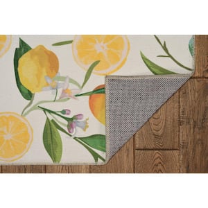 Washable Stella Ivory and Yellow 2 ft. x 8 ft. Lemon Branch Polyester Runner Rug