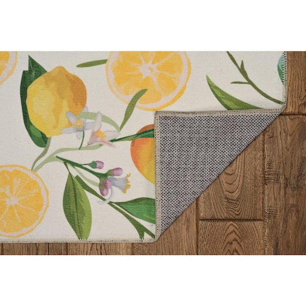 Washable Stella Ivory and Yellow 3 ft. x 5 ft. Lemon Branch Polyester Area Rug