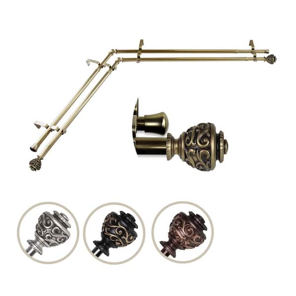 EMOH 13/16" Dia Adjustable Corner Window Double Curtain Rod 66 to 120" (each side) in Antique Brass with Diana Finials