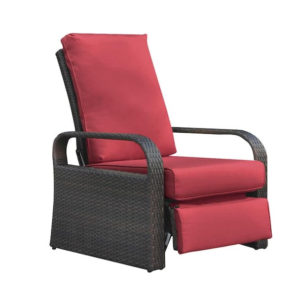 Tenleaf Brown Wicker Outdoor Recliner with Red Cushions