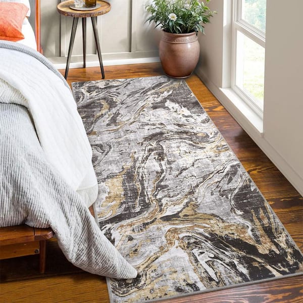 Gray 2 ft. x 6 ft. Modern Abstract Foldable Machine Washable Polyester Area Rug