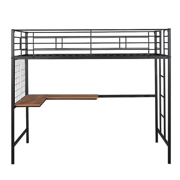 anpport Black Twin Metal Loft Bed with Desk and Hanging Grid
