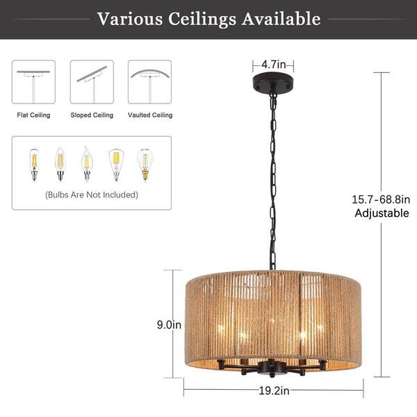 LWYTJO 19 in. 5-Light Black Dimmable Bohemian Drum Chandelier