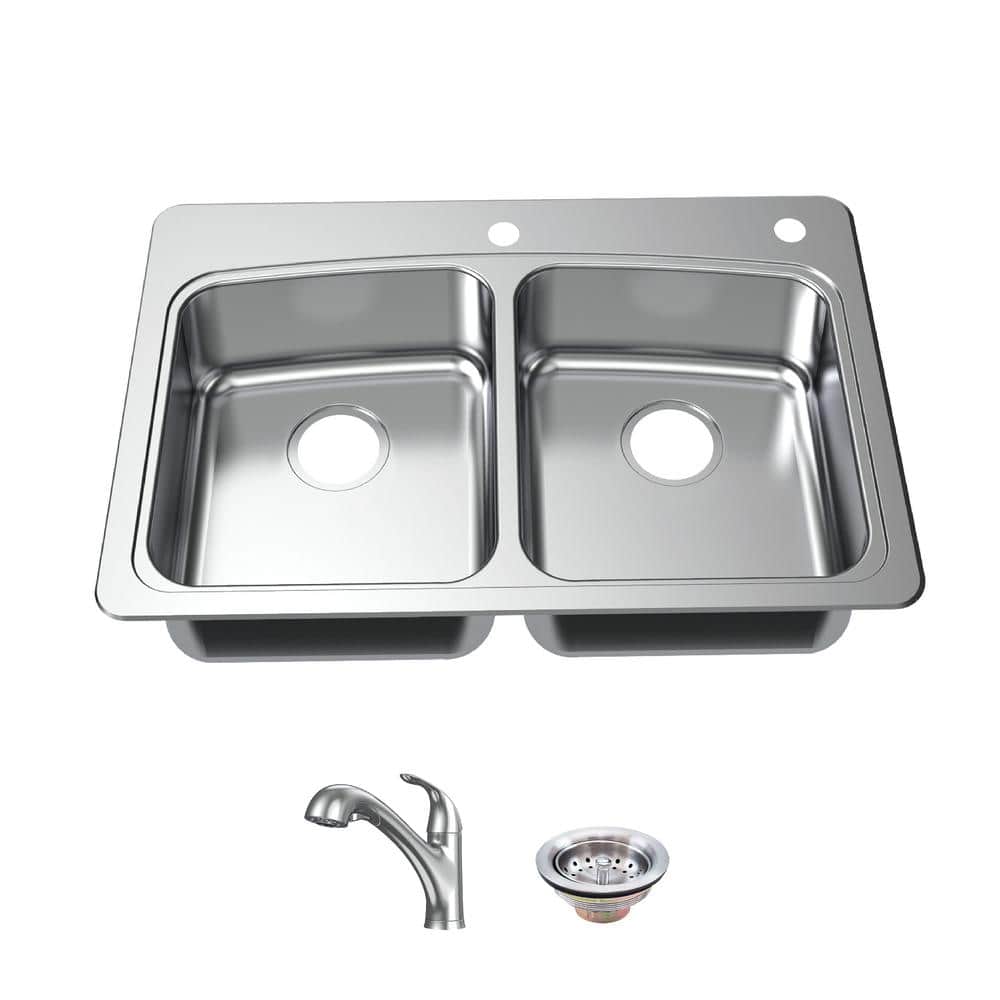Serene Valley DDG3322R 33 in. Double Bowl Drop-In or Undermount Kitchen Sink with Thin Divider Faucet Drillings: 2 Hole