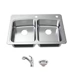 All in-One 33 in. Drop-in Double Bowl 20 Gauge Stainless Steel Kitchen Sink with 2-Holes and Pull-Out Faucet/Strainer