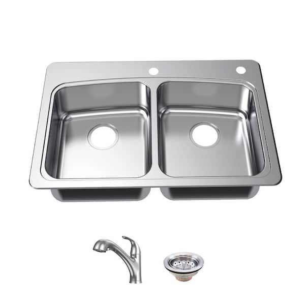 Glacier Bay All-in-One Drop-In Stainless Steel 33 in. 2-Hole 50/50 Double Bowl Kitchen Sink with Pull-Out Faucet